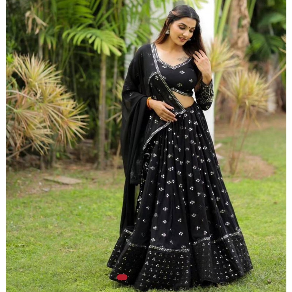 Voolka Black Georgette Lehenga Choli Set With Exquisite Thread Embroidery